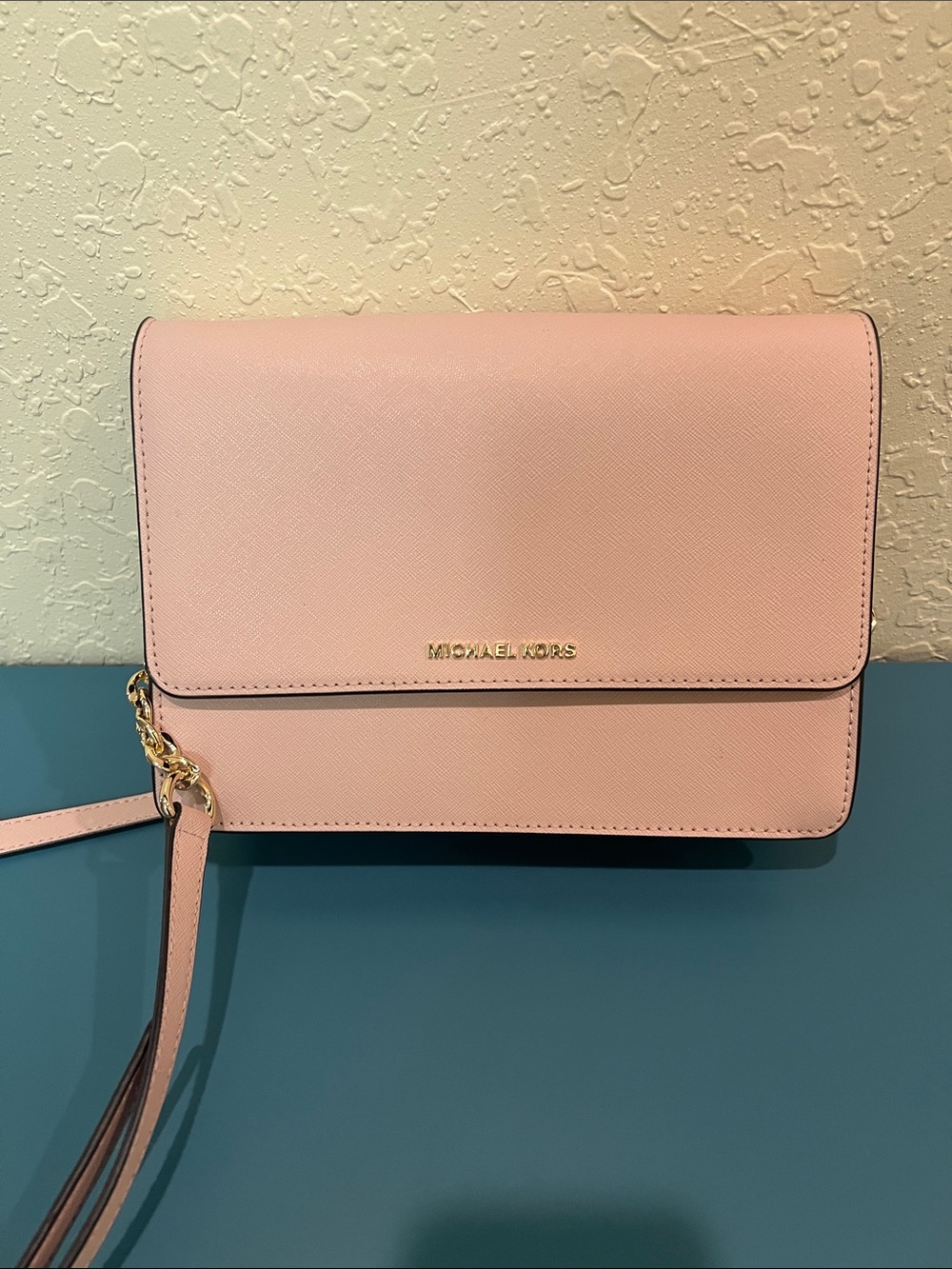 Michael Kors Light Pink Saffiano Leather Crossbody with Gold Chain